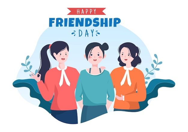 Happy friendship day cute cartoon illustration with young boys and girls