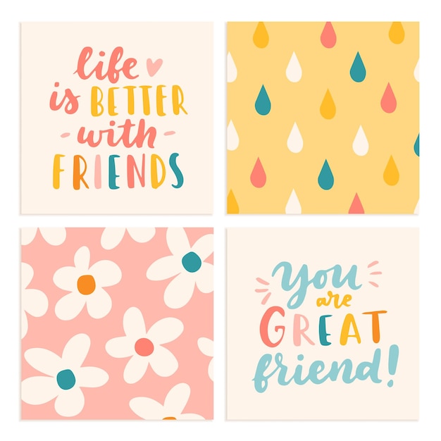 Happy Friendship Day cute hand lettering set Best friends forever Greeting card typography template Modern calligraphy design elements quotes friend phrase