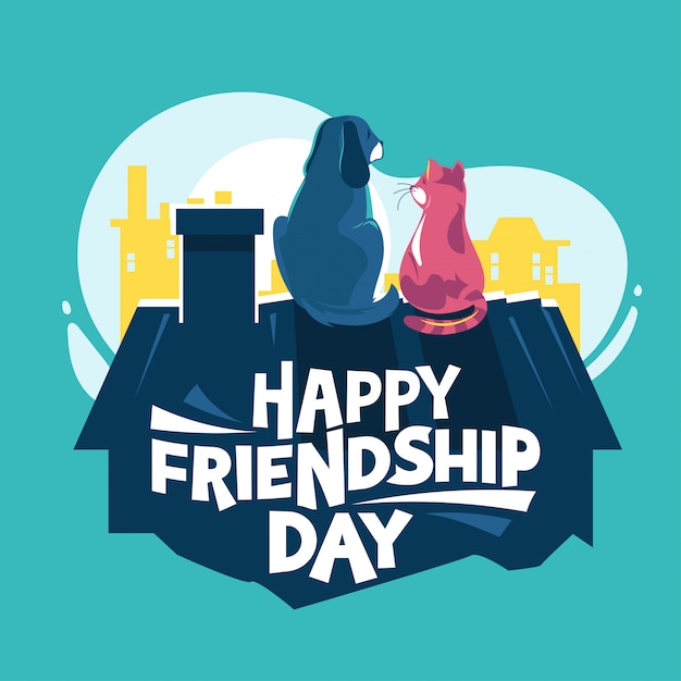 Happy friendship day, cane e gatto giocano sul tetto