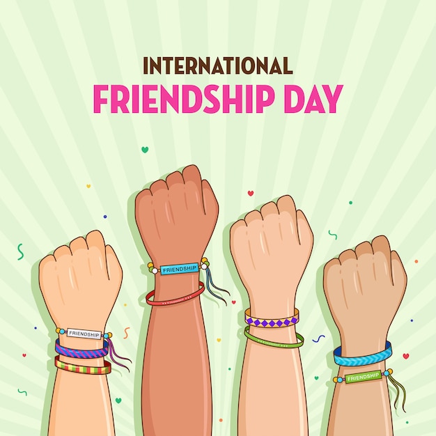 Vector happy friendship day friends with stack of hands showing unity and teamwork people putting their hands together