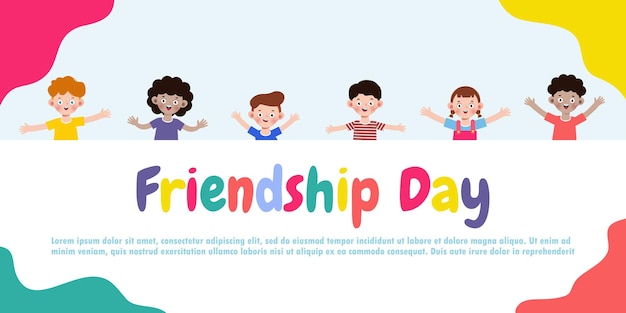 Happy friendship day greeting card with diverse friends group of kids background poster Template