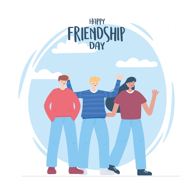 Happy friendship day, men and woman cartoon character special event celebration