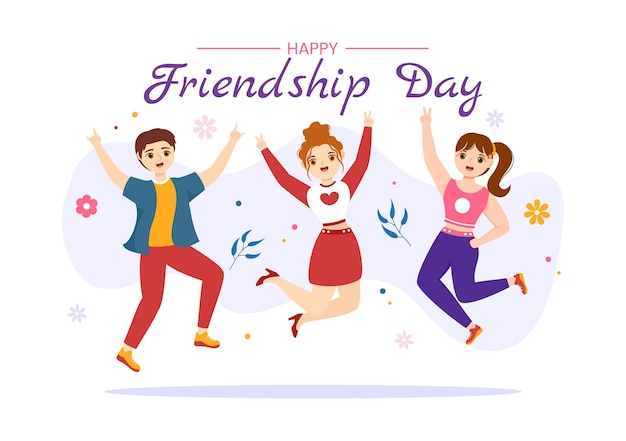 Illustrazione vettoriale di happy friendship day con giovani ragazzi e ragazze insieme nei modelli