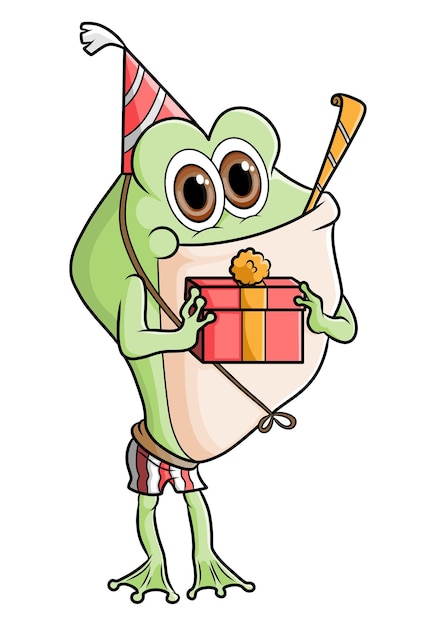 The happy frog is celebrating the birthday and holding the gift of illustration