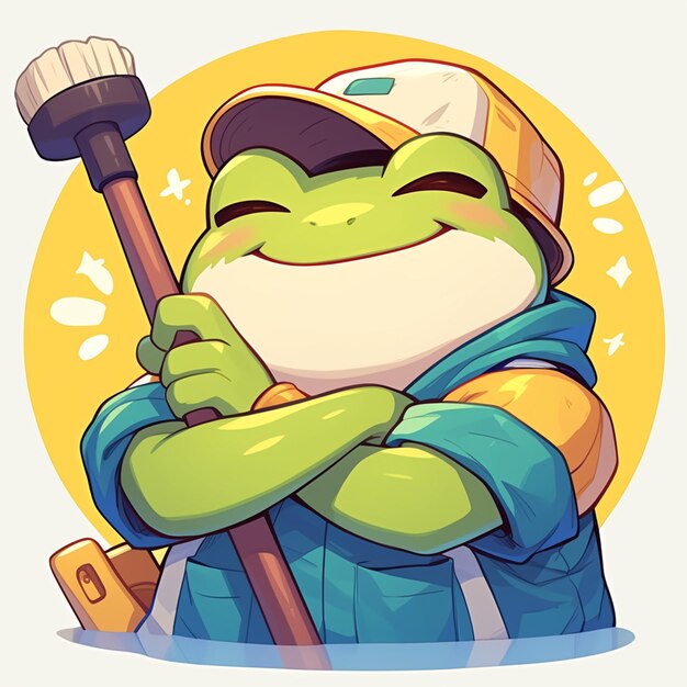 A happy frog janitor cartoon style