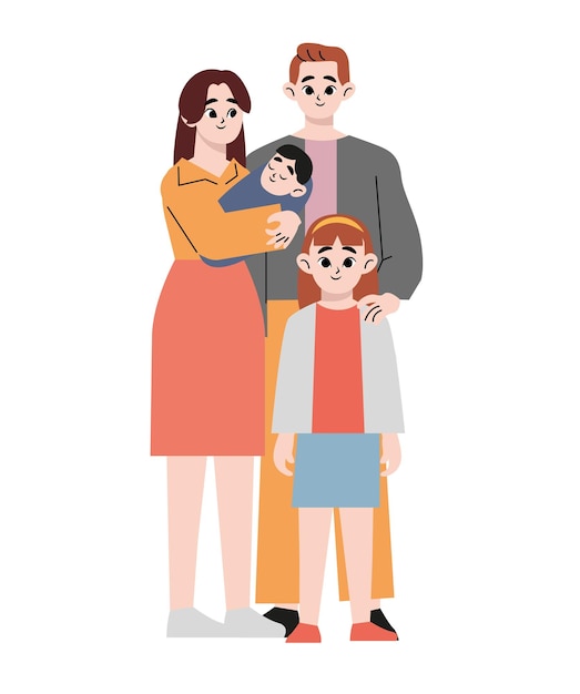 행복한 전신 가족, 4명, 아버지, 어머니, 소녀, 아기. 평면 벡터 일러스트 절연 o