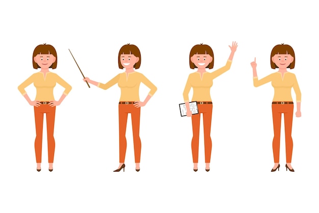 Happy funny brown hair young office worker lady waving hello pointing finger cartoon character