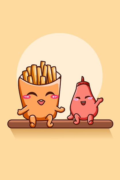 Happy and funny french fries with hot sauce cartoon illustration