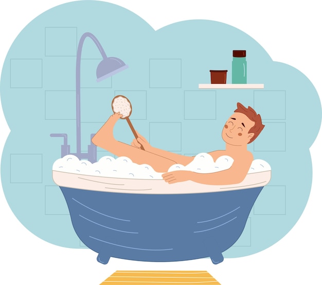 Vector happy funny man guy taking bath or shower in bubble vintage bathtub relaxing