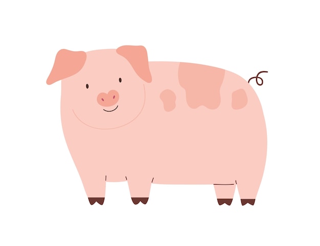 Happy funny pig isolated on white background. Cute pink piglet with hooked tail. Childish colored flat cartoon vector illustration.