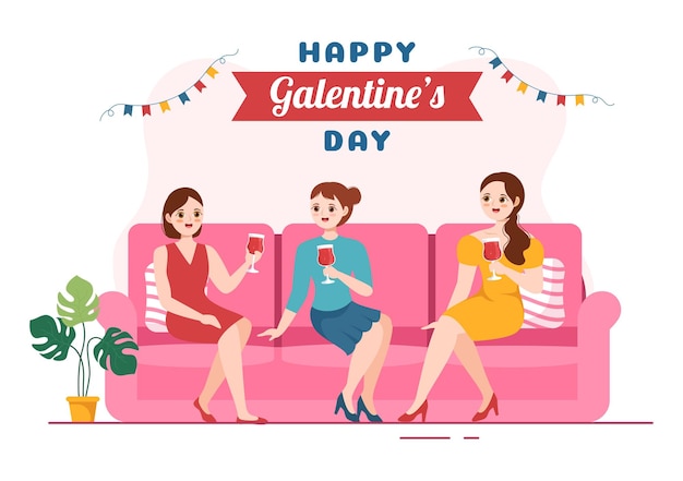 2월 13일 행복한 Galentine39의 날 일러스트레이션에서 여성의 자유를 위한 우정