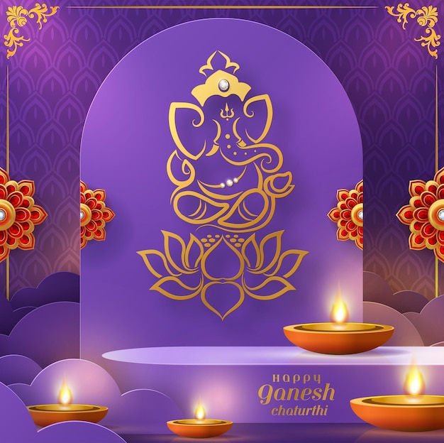 Happy ganesh chaturthi greetings with golden shiny lord ganesha