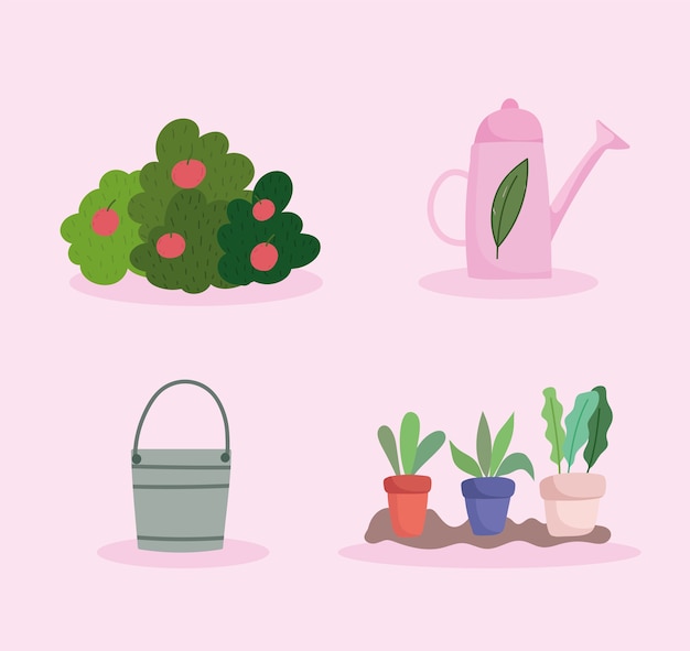 Vector happy garden, bucket watering can bush fruits and potted plants