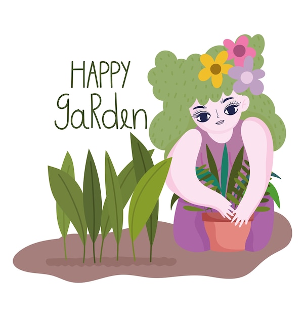 Happy garden, girl with flowers in hair and planting plant in pot