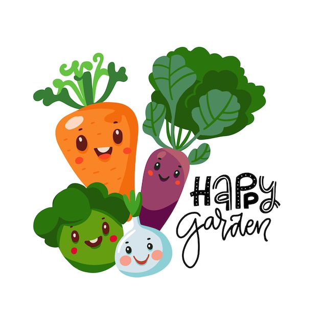 Happy garden isolated concept with different cute happy vegetable characters vector hand drawn flat