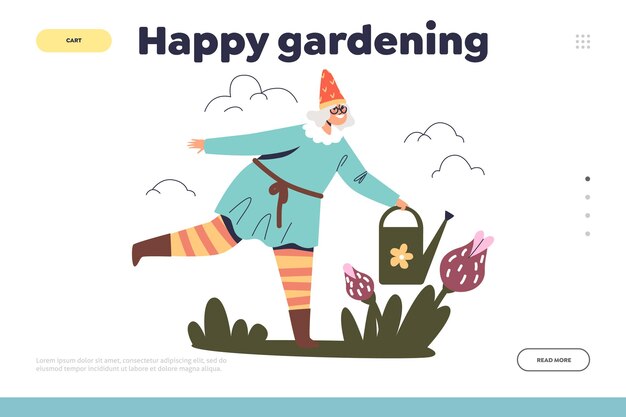 Vector happy gardening concept of landing page with funny female gnome water flowers from watering can