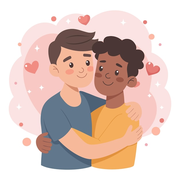 Happy gay couple hugging Love romance dating concept Valentines day greeting card Flat style