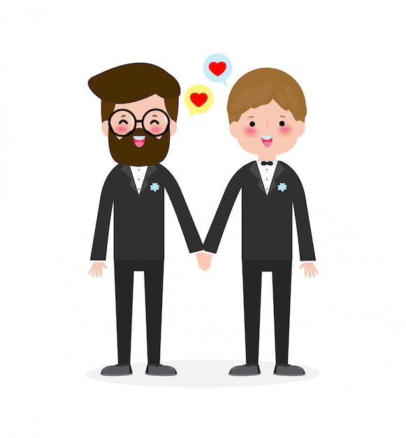 Happy gay couple in wedding attire and  flat modern style illustration design clip art isolated on white background.