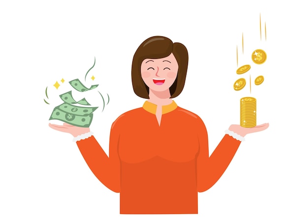 Happy gesture woman with holding coins and banknotes on both sides economic growth and investment concept vector illustration