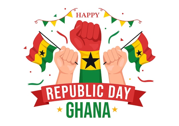 フラット漫画テンプレートで旗の背景を振って幸せなガーナ共和国日ベクトル図