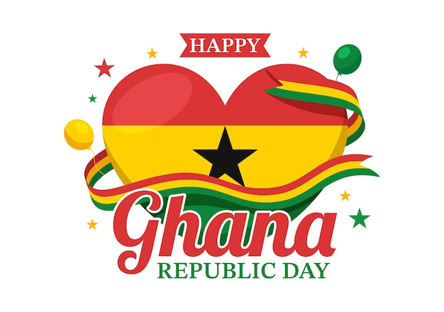 フラット漫画テンプレートで旗の背景を振って幸せなガーナ共和国日ベクトル図