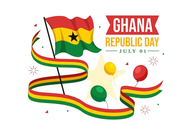 Happy ghana republic day vector illustration with waving flag background in flat cartoon templates