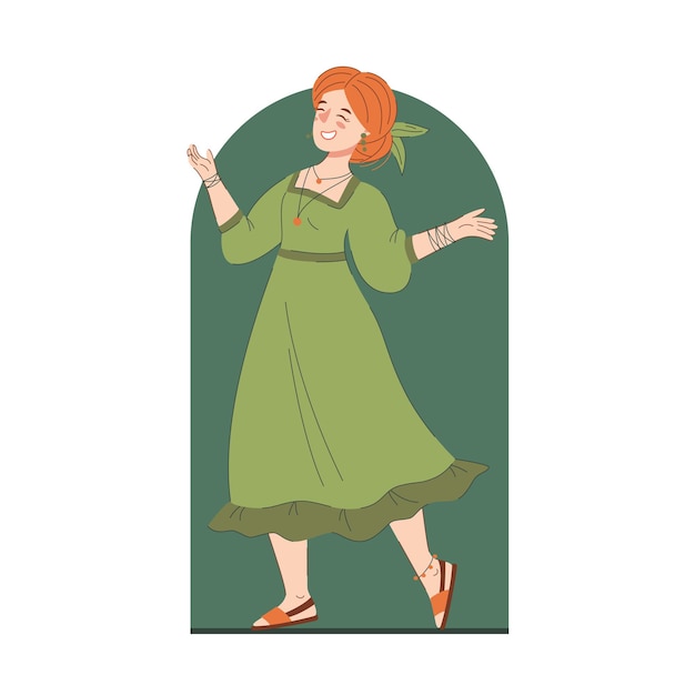 Vector happy ginger woman in a dress boho outfits