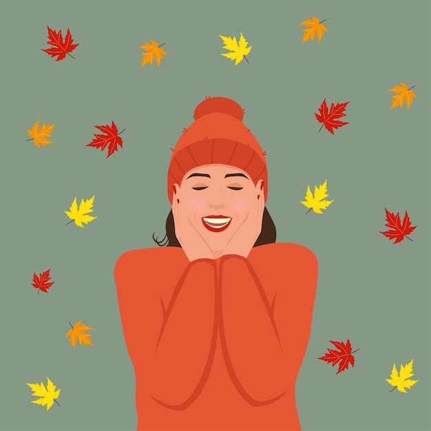 Vector happy girl in autumn leaves on isolated background