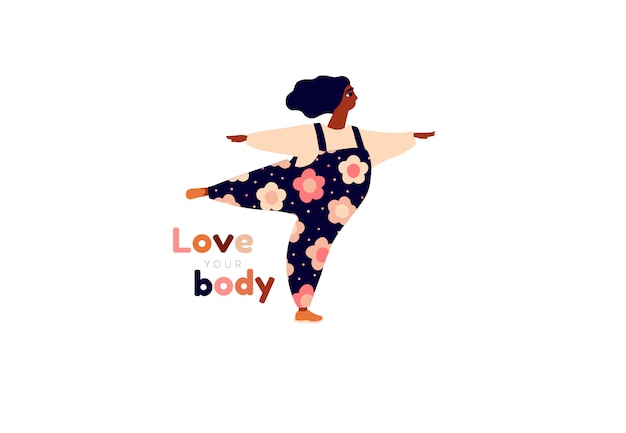 Happy girl. Body positive card. Love yourself, your body lettering type. Female freedom, girl power or international women's day   illustration.