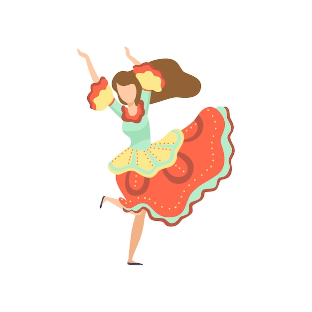 Vector happy girl in bright dress dancing at folklore party festa junina brazil june festival vector illustration on white background