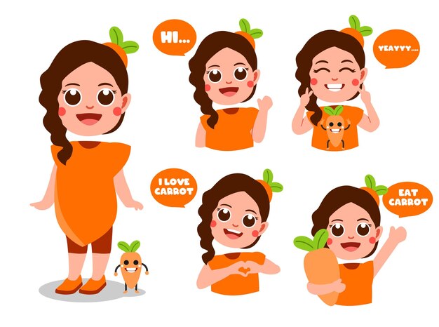 Happy Girl in Carrot Costume with Different Emotion Set