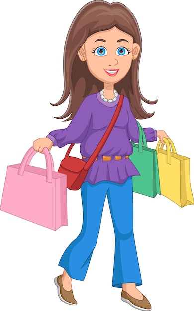 Vector happy girl carrying shopping bags