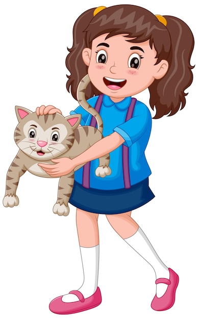 Vector happy girl cartoon holding her cat vector illustration