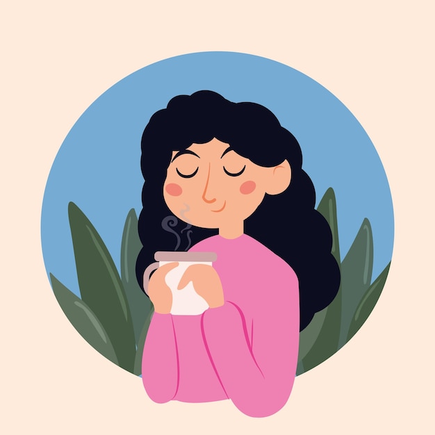 Vector happy girl character drinking a hot coffee hygge scenario vector