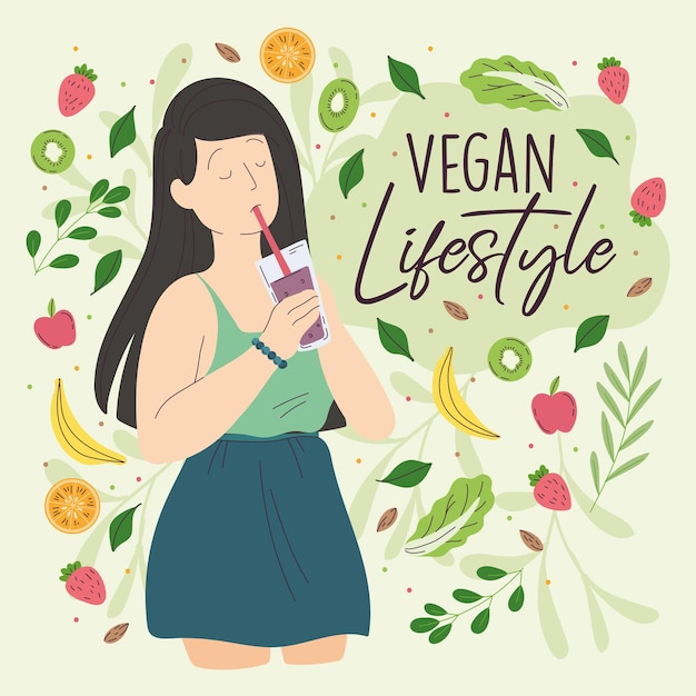 Happy girl character enjoying a vegan drink Vegan lifestyle Vector