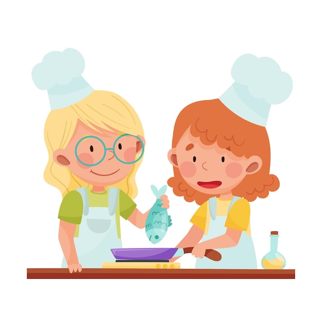 Happy girl chef characters wearing apron and hat frying fish on frying pan vector illustration