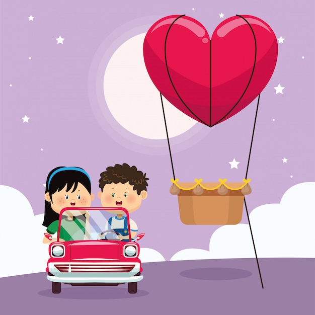 Happy girl on classic car and heart hot air balloon
