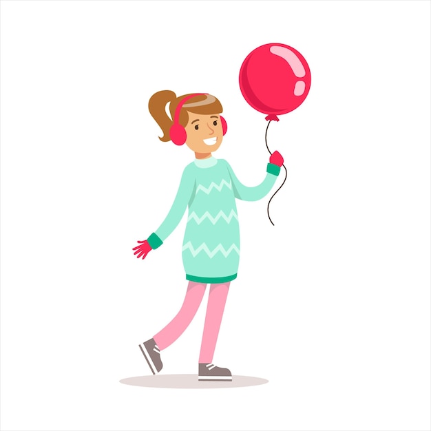 Vector happy girl in classic girly color clothes smiling cartoon character walking with balloon