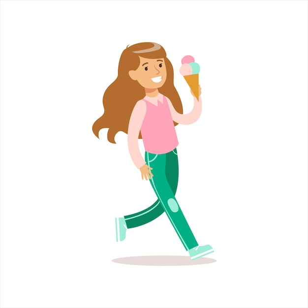 Happy Girl In Classic Girly Color Clothes Smiling Cartoon Character Walking With IceCream