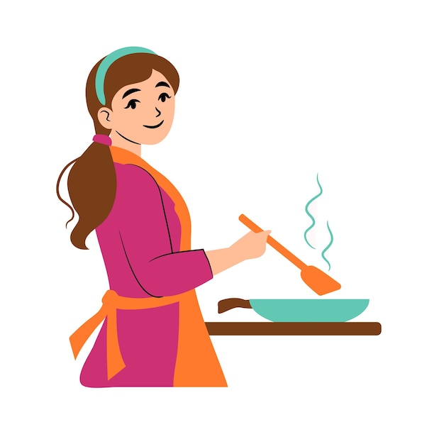 Vettore ragazza felice che cucina in cucina con la padella
