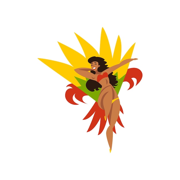 Happy girl dancing samba beautiful Brazilian woman in bright carnival costume vector Illustration isolated on a white background