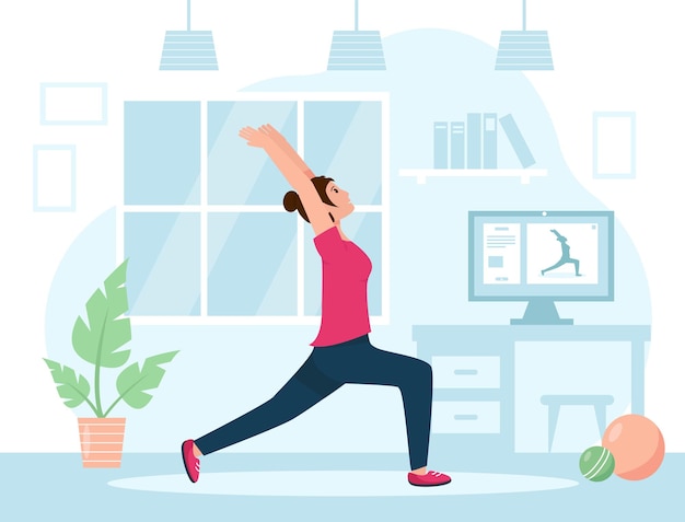 Happy girl doing stretching in the room