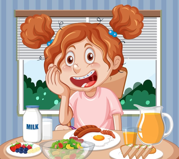 テーブルで朝食を食べる幸せな女の子