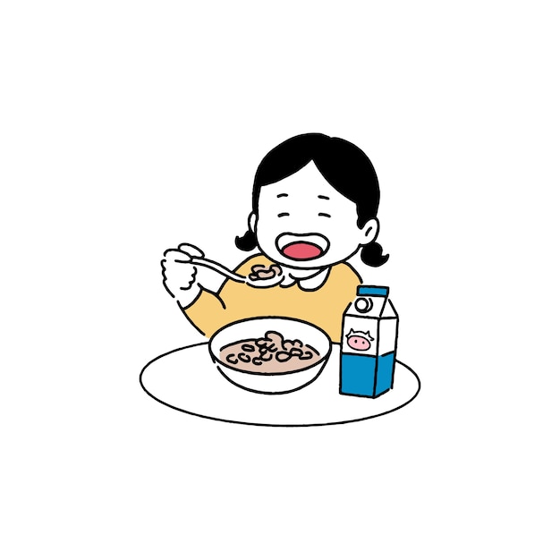 Vettore ragazza felice che mangia cereali, concetto di colazione, illustrazione disegnata a mano stile arte linea.