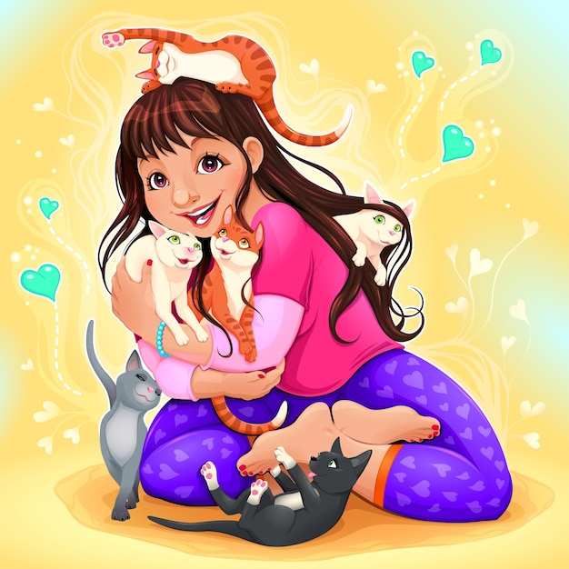 Vector happy girl embraces a lot of kitties