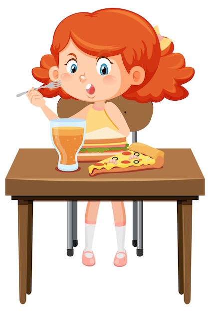 Vector happy girl enjoy eating food on table