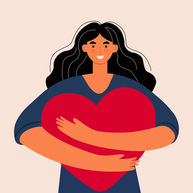 Vector happy girl gives love and kindness young woman embraces a big red heart with hands