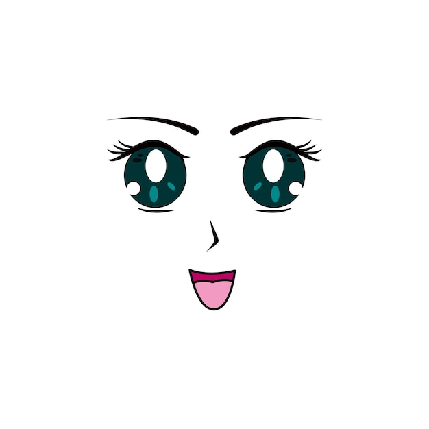 happy girl green eyes in anime style kawaii manga Japanese style vector graphic design illustration