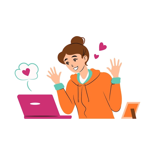 Vector happy girl having chat online cheering greeting