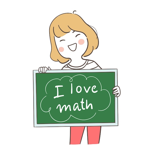 Happy girl holding blackboard write I love math